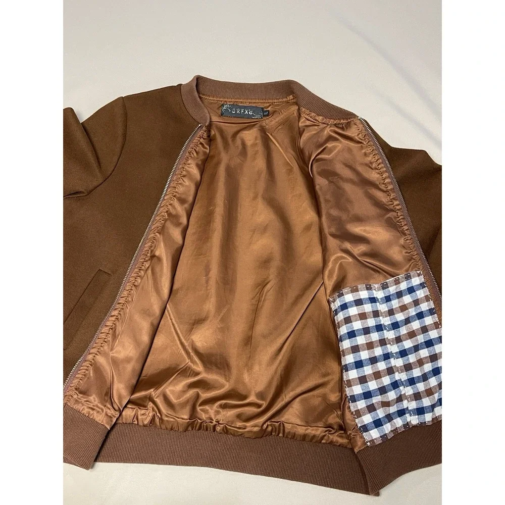 CRFXB Suede Feel Brown‎ Mens Bomber Jacket Size XL Gold Zipper And Bee Preppy